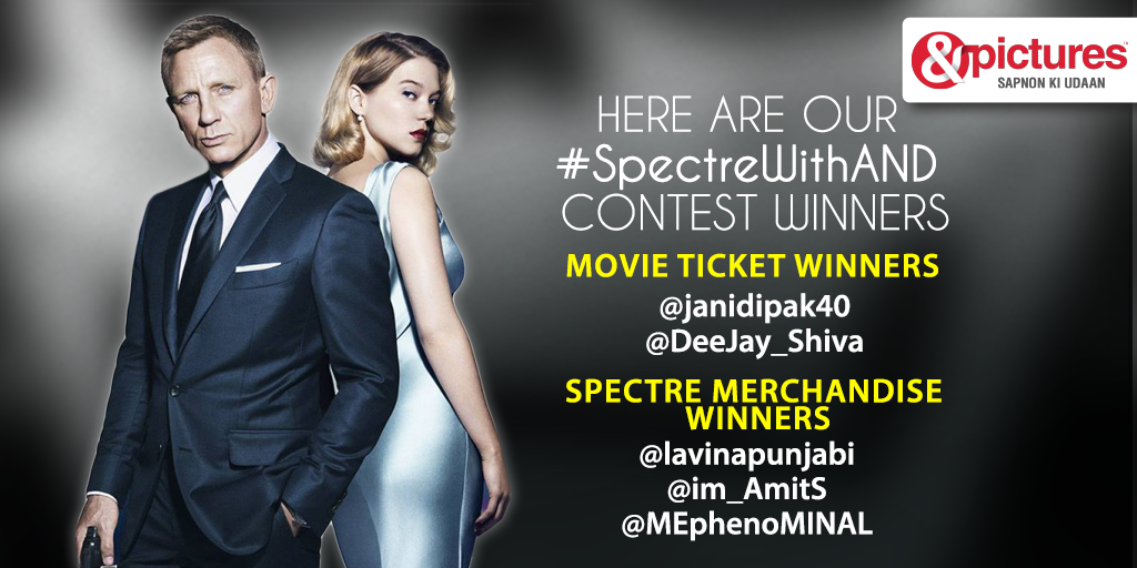 AndPicturesIN's tweet photo. Here are our #SpectreWithAND 2nd contest's winners. We congratulate them & request them to DM us their details. https://t.co/APaKIF5GlM