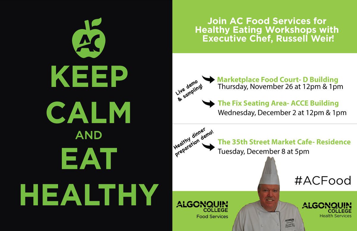 ACeating's tweet photo. Today at 12pm and 1pm, we have a live demo &amp; food sampling! #ACFood #AlgonquinCollege https://t.co/Wz2MXKUgkY https://t.co/JuVG6DziTo