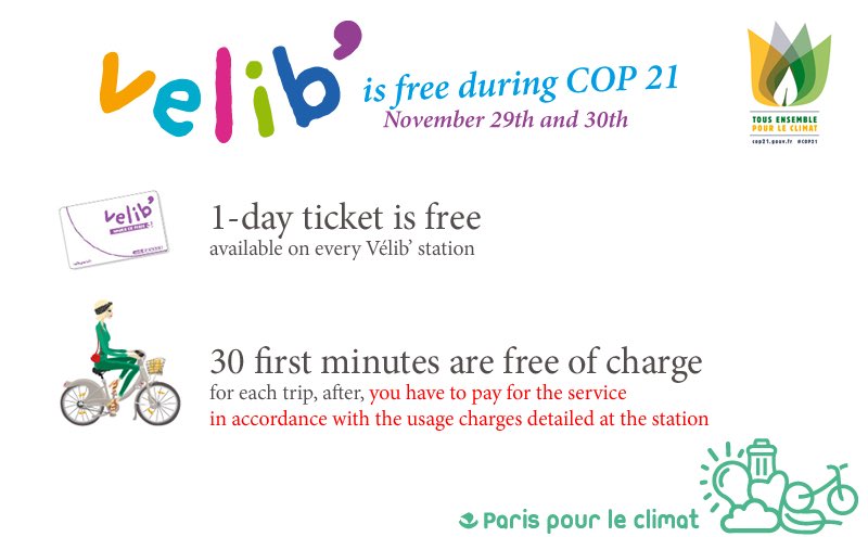 ParisbyVelib's tweet photo. Sunday and Monday : Vélib' ticket is free for support #COP21, on every station in Paris. https://t.co/fJH52TBVO2