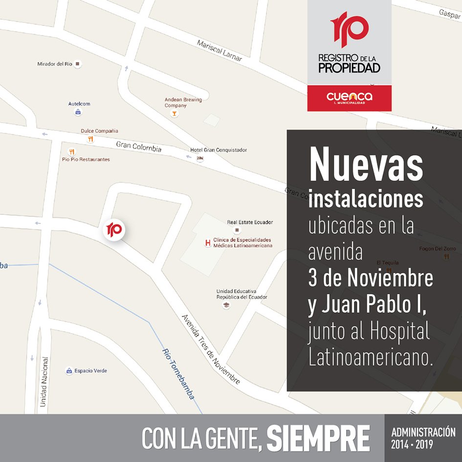 rpcuenca's tweet photo. Ubícanos desde 1° Diciembre Nueva Dirección: Av 3 de Noviembre y Juan Pablo I #ConLaGenteSiempre @rpcuenca https://t.co/2Ighex3PPA
