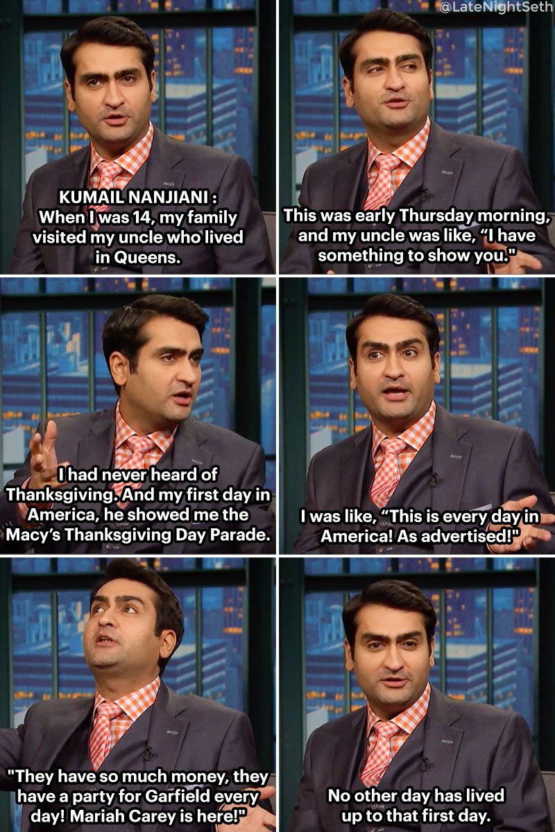 LateNightSeth's tweet photo. Kumail Nanjiani once told Seth how the #MacysParade is the best (and worst) introduction to America. #LNSM https://t.co/8xW8Un77RT