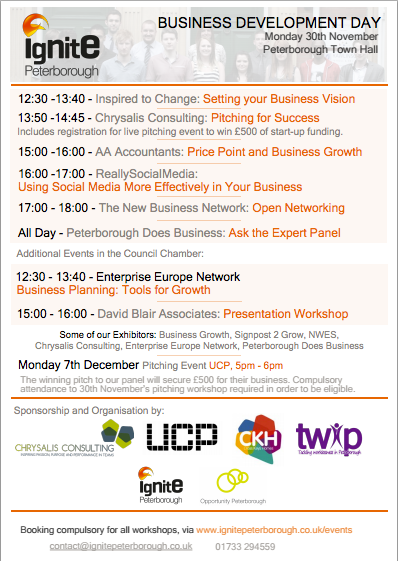 IgnitePeterboro's tweet photo. Free expert seminars & chance to pitch for £500 funding #BusinessDevelopmentDay #Pboro Book https://t.co/vvnLFzb2Vr https://t.co/pQg1dJiVyU
