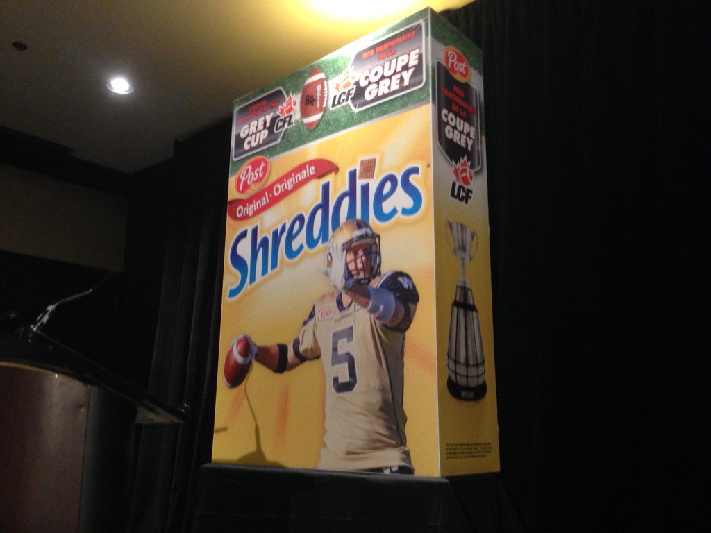 #Bombers Quarterback Drew Willy making his Shreddies debut. #CFL delivering 100,000 bowls of cereal to Manitoba kids