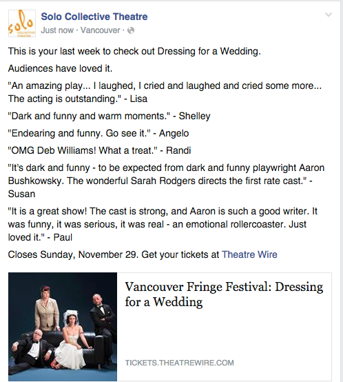 "Dressing for a Wedding" closes Sunday! Here's what audiences have been saying. Tickets <a href="/TheatreWire/">Sylvie Chevallier</a>
