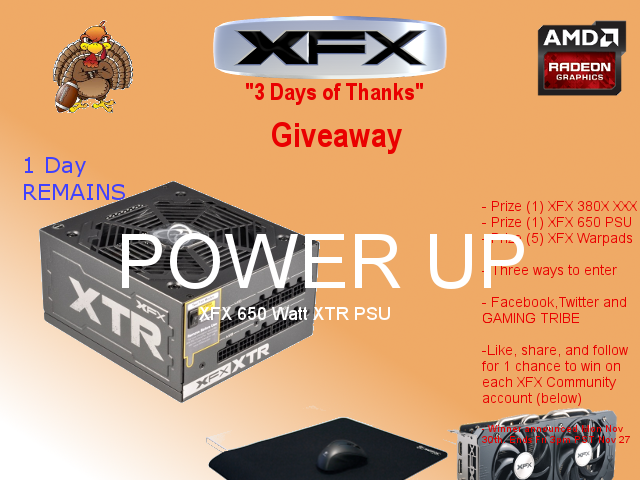 XFX_PlayHard's tweet photo. The giveaway just got upgraded again, +1 XFX 650W XTR PSU. 7 prizes. RT, Fav and Follow to enter #3daysofthanks https://t.co/sAhTeXCxef