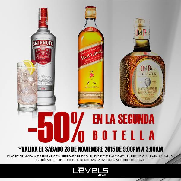 50% DE DESCUENTO EN LA SEGUNDA BOTELLA TODA LA NOCHE 
*RED LABEL – SMIRNOFF-OLD PARR TRIBUTE.
RSV:3017380010-7046242