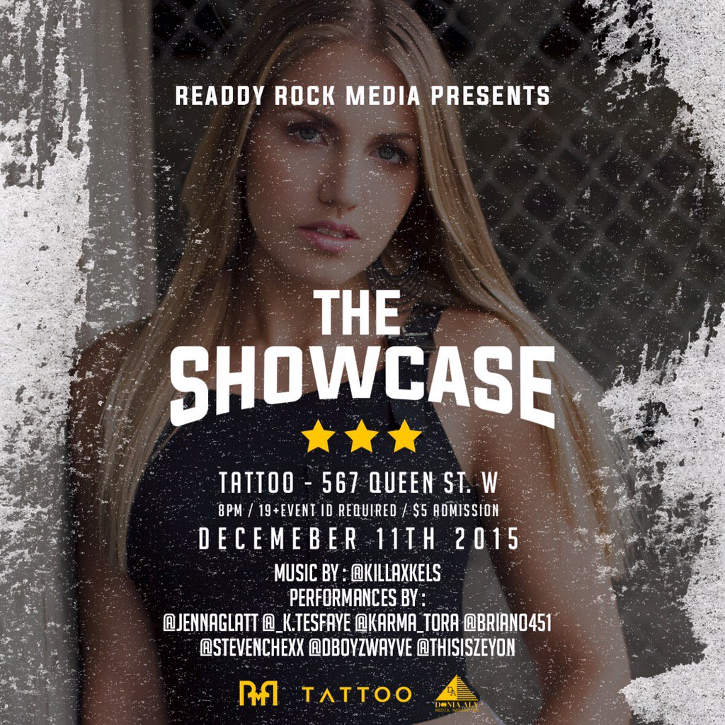 ReaddyRock's tweet photo. #ReaddyRockMedia and  @doniaaly416 presents #Showcase416 with @jennaglatt performing live Dec 11th @ tattoo lounge! https://t.co/xZKol2PGYq