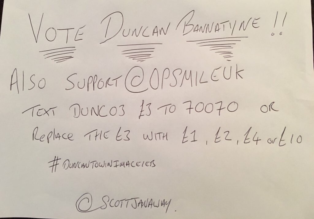 Don't forget you too can also support <a href="/DuncanBannatyne/">Duncan Bannatyne</a> &amp; <a href="/operationsmile/">Operation Smile</a> #ImACeleb #duncantowinimaceleb
