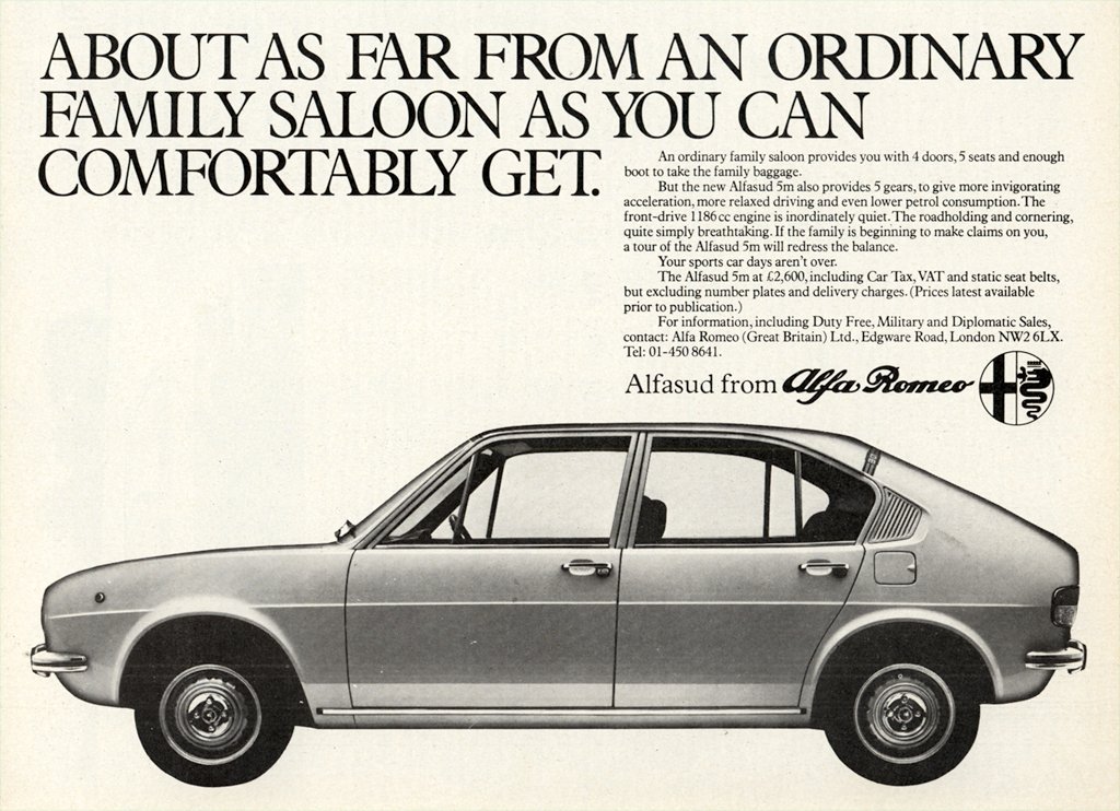 CarterCollectab's tweet photo. 'About as far from an ordinary family saloon as you can comfortably get. Alfa Romeo Alfasud 5m advert, 1977. https://t.co/t7rINT7Zbd