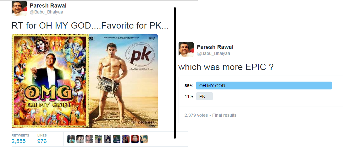 Babu_Bhaiyaa's tweet photo. most ppl agree OMG was far brilliant &amp; more fun..still PK won 2 Filmfare,5 Star &amp;2 LifeOK awards but OMG none..how? https://t.co/7zrurj4Ywu