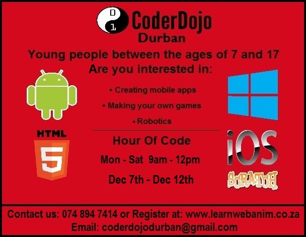 #CoderDojo #Durban will be hosting their first #HourOfCode, right here in #Chatsworth