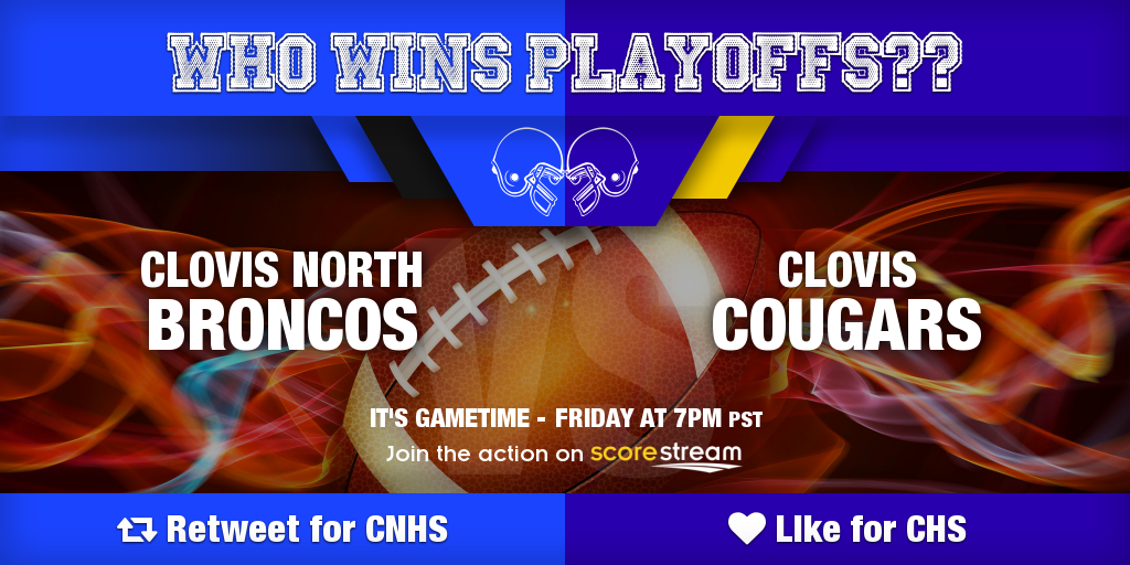 Who wins?
Retweet for Clovis North <a href="/CNbroncos/">Clovis North</a>
Like for Clovis <a href="/CougarsClovis/">CougarsClovis</a>
Get the app 🏈 scorestream.com/app?rId=twg