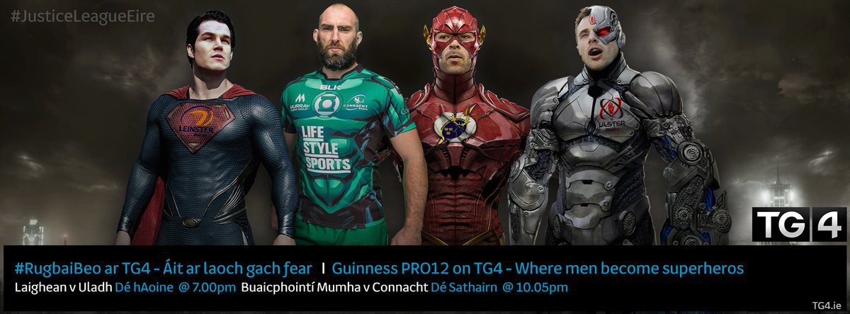 #Rugby ar #TG4
Dé hAoine <a href="/leinsterrugby/">Leinster Rugby</a> v <a href="/UlsterRugby/">Ulster Rugby</a> @ 7
Dé Sath Buaicphointí <a href="/Munsterrugby/">Munster Rugby</a> v @connachtrugby@ ​10