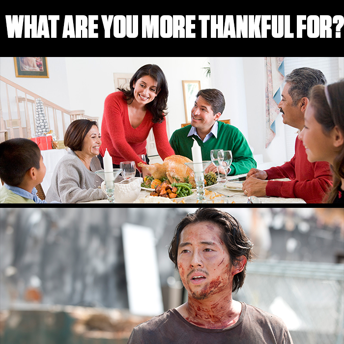 TheWalkingDead's tweet photo. #HappyThanksgiving! On this special day, what are you more thankful for: the love of family..or the return of Glenn? https://t.co/m59UsRptif