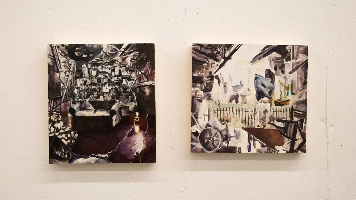 OutburstAuction's tweet photo. Photo of two of BFA #ualberta student Agata Garbowska's wonderfully intricate paintings. #auction #tomorrow #yeg https://t.co/6XCM5LKBzx