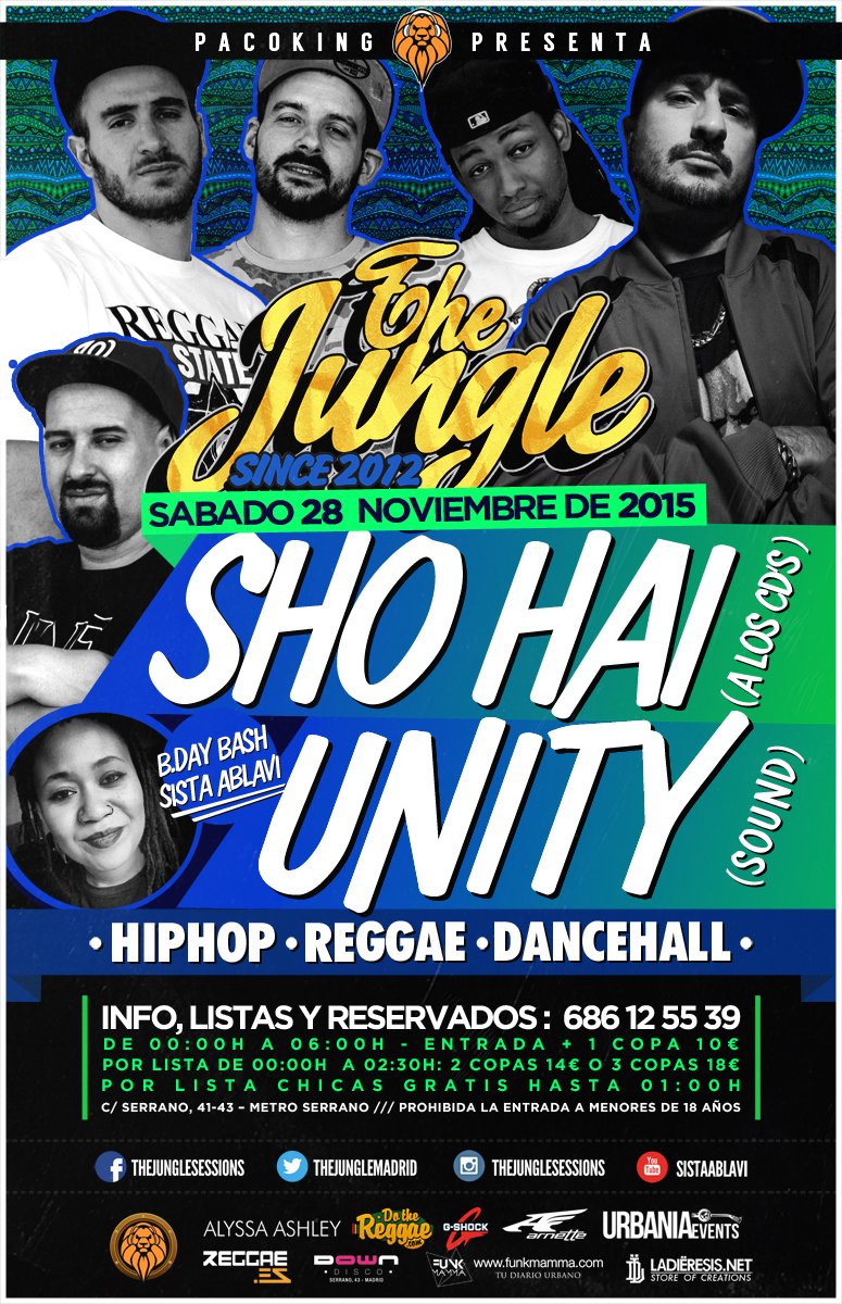 ClubPromoterMAD's tweet photo. SATURDAY NOVEMBER 28st: @TheJungleMadrid 
Music &amp; entertainment: #Shohai a los cd's + @Unity__Sound INFO: 686125539 https://t.co/bC57UEe3le