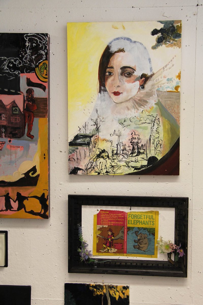 OutburstAuction's tweet photo. #Ualberta artist Breanna Barrington has been experimenting with working on found paintings. Very neat! #studiotour https://t.co/uRsNF4y0VH
