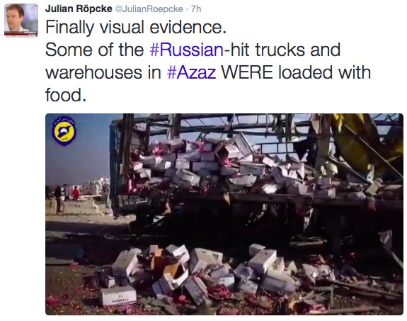 So the truck is decimated but the aid boxes are just a little ruffled? 

Weak propaganda. Very weak.