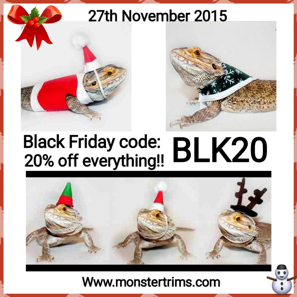 MonsterTrims's tweet photo. 20% off all orders starting from now. For the whole of black Friday!  
#BlackFriday #beardeddragons @DressedAnimaIs https://t.co/NB8eS8JRwD