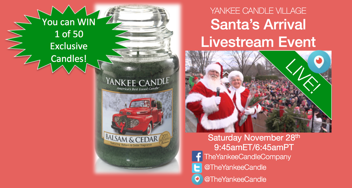 TheYankeeCandle's tweet photo. Saturday, 10am, Santa's coming to town! Can't be there? RT our tweet at 9:45amET &amp; WATCH to be entered to WIN https://t.co/5cHMDvYyvT