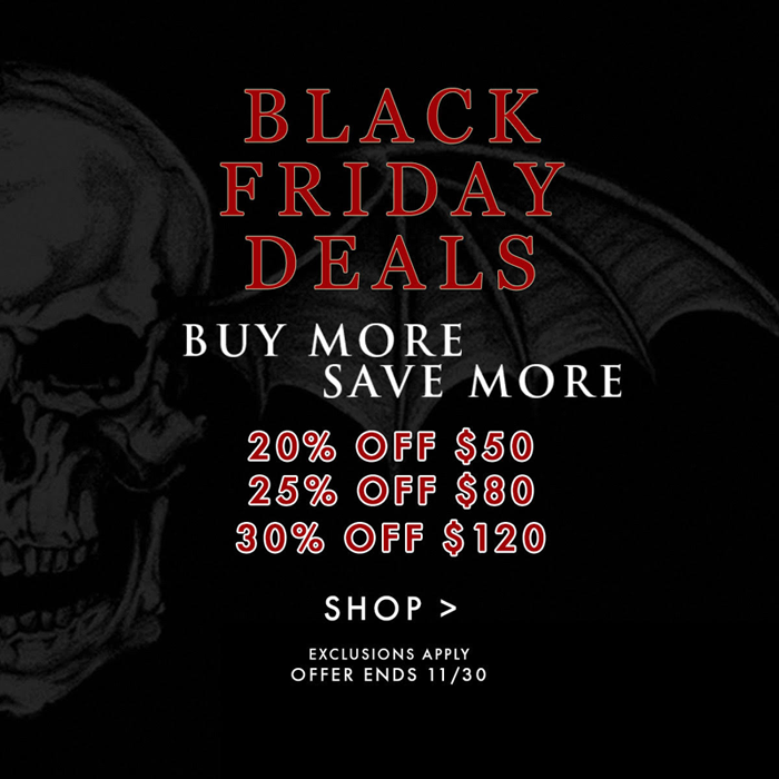 Just in time for the holidays, new outerwear &amp; more are here! Black Friday deals available! avengedsevenfold.shop.bravadousa.com