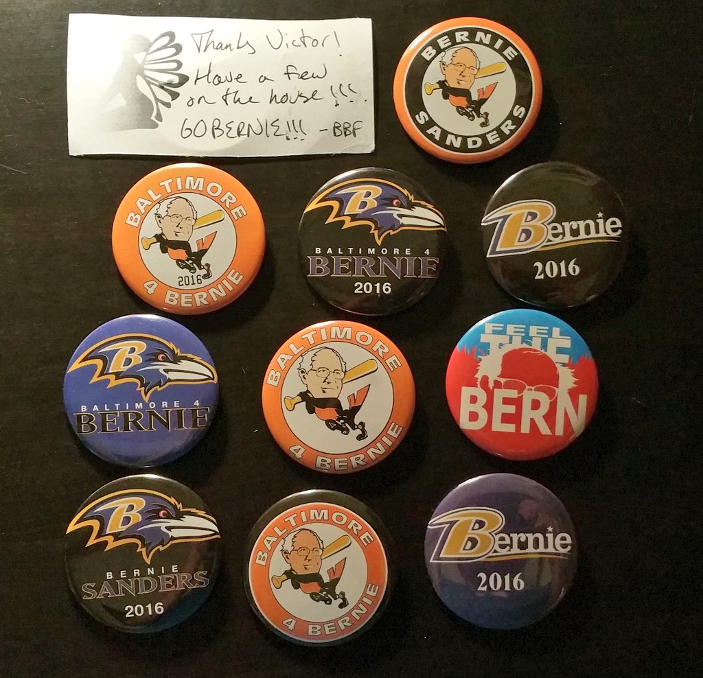 Frezeal33's tweet photo. These have to be the best Bernie buttons EVER. Thanks, @BostButtonFairy! #Baltimore4Bernie #FeelTheBern https://t.co/y1ZdYsTGAT