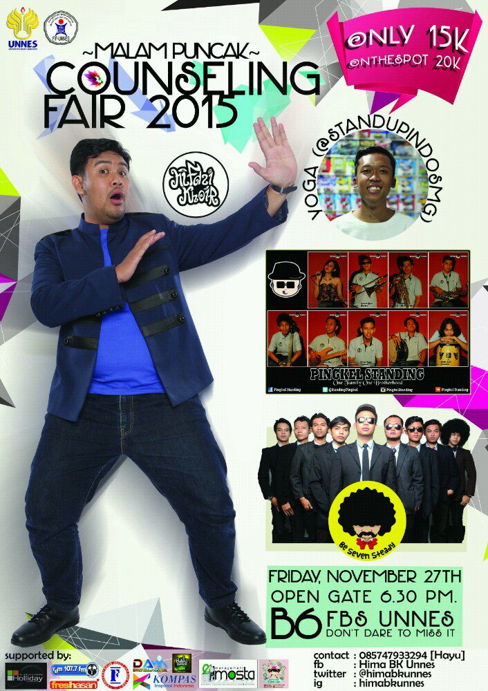 himabkunnes's tweet photo. This is the Day!  Malam Puncak Counseling Fair 2015! 
At B6 FBS Unnes, start 6.30 P.M.
Ticket pre-sale 15k ots 20k! https://t.co/2ucSakWlov