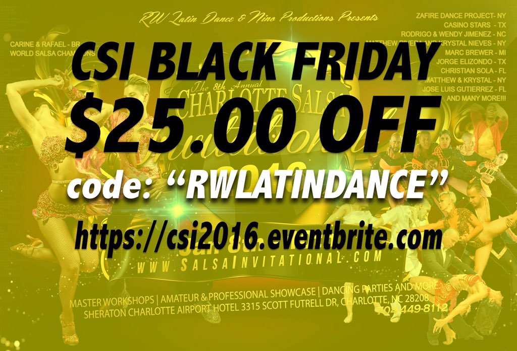 CharlotteSalsa's tweet photo. *** CSI BLACK FRIDAY SALE: SAVE $25.00 ON YOUR FULL PASS!!! ***
use the code: RWLATINDANCE 
https://t.co/n7OYCmOFUE https://t.co/pCHKmeYoHb