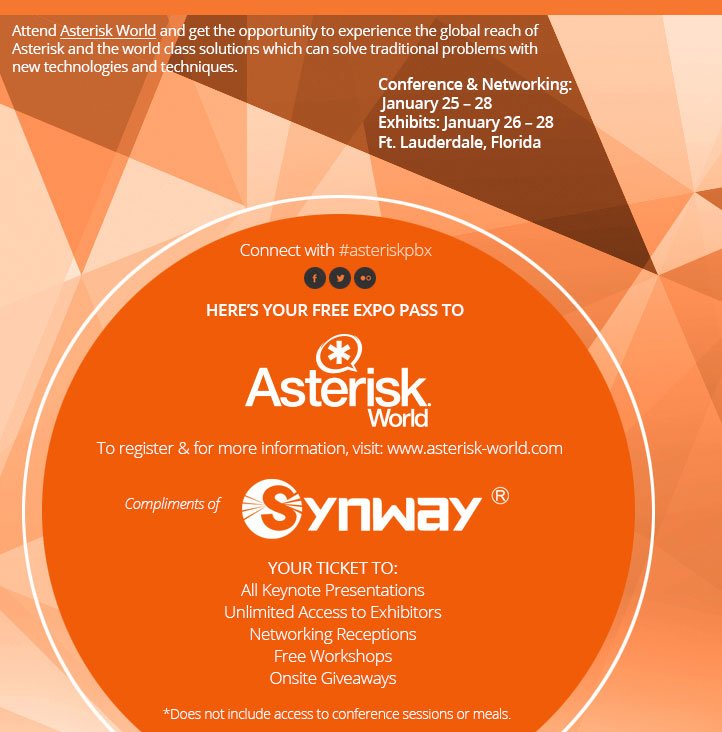 SynwayInfo's tweet photo. Use the discount code "SYNWAY100"  to redeem your free passes of ITEXPO 2016 https://t.co/kWM6UpLYeu #asteriskpbx https://t.co/JU2fJgpZcx