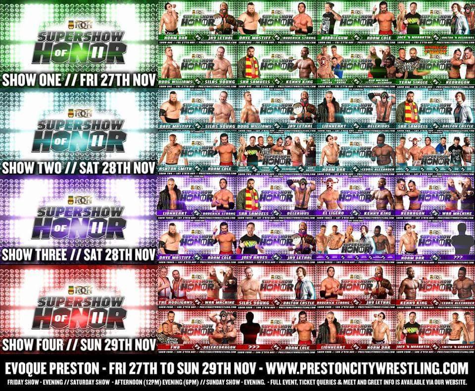 Starting tonight through till Sunday,4 shows over 3 days..It's @PCW_UK @ringofhonor #SuperShowofHonor2 #Wrestling