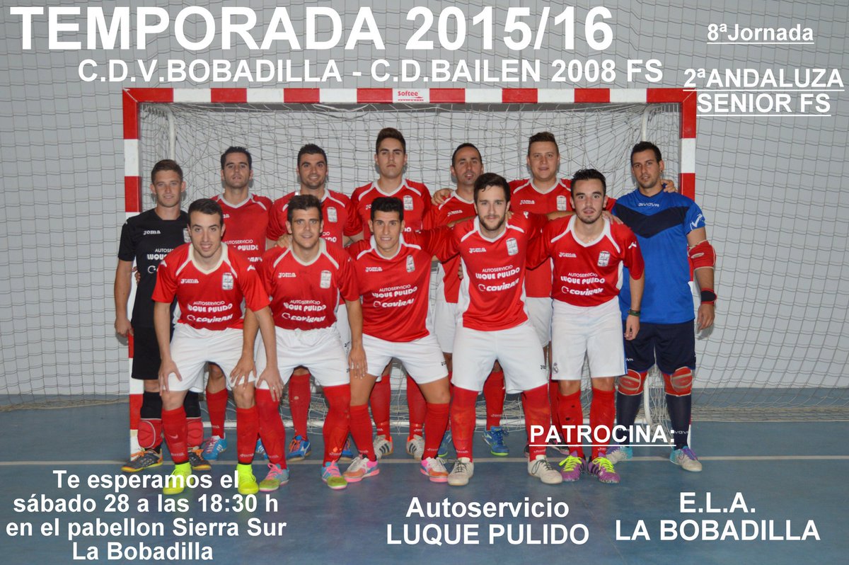 Mañana sábado a las 18:30 en el pabellón sierra sur, <a href="/cdvBobadillafs/">cdv Bobadilla fs</a> vs <a href="/Bailen2008_FS/">Oro Bailén 2008 F.S.</a> #vamosbobadilla 🔴⚪