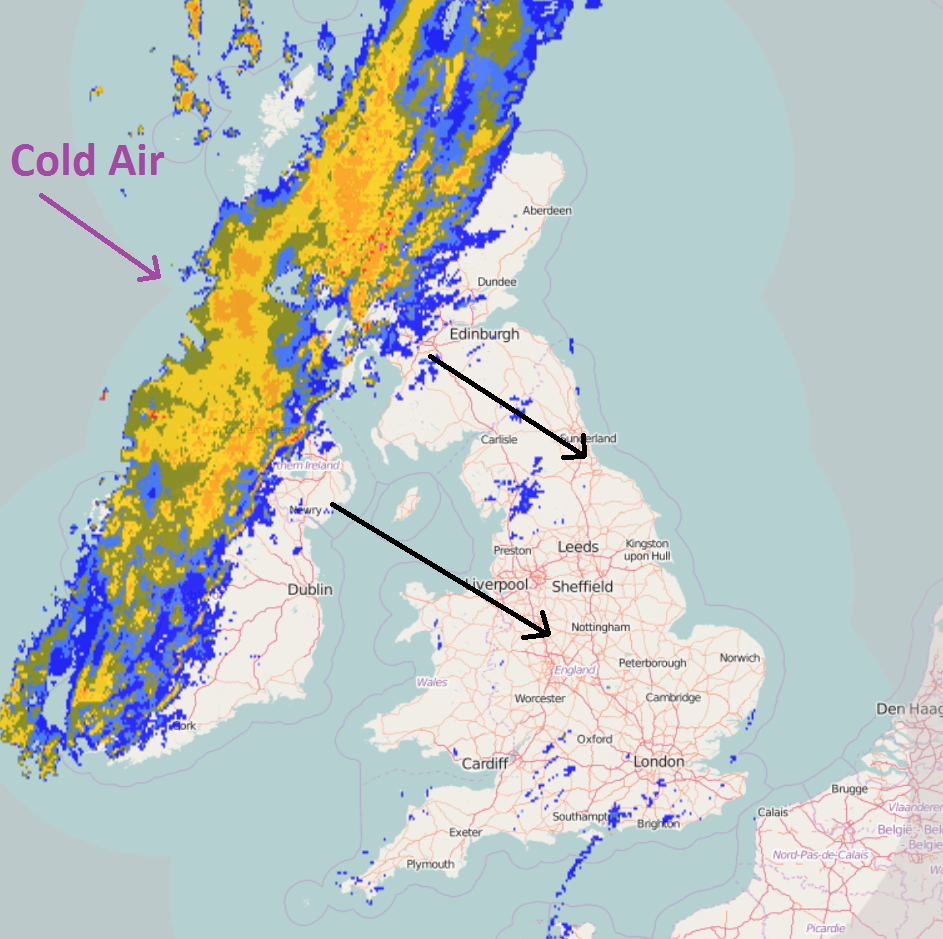 ChorleyWeather's tweet image. Heavy rain and gusty winds on the way this afternoon. Cold air in behind the front, wintry showers developing later