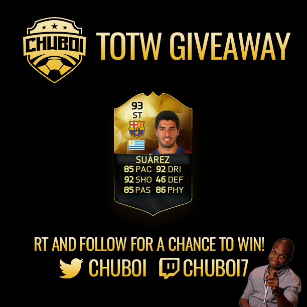 ChuBoi's tweet photo. RT for a chance to win TIF Suarez thanks to @EASPORTSFIFA!

Winner picked on Monday!

https://t.co/7OHwXKdOuD https://t.co/xI7yJt5KFm