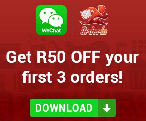 futureorder1's tweet image. Get R50 off of your first 3 orders from OrderIn with WeChat! Download here (iOS) : goo.gl/uH06qE