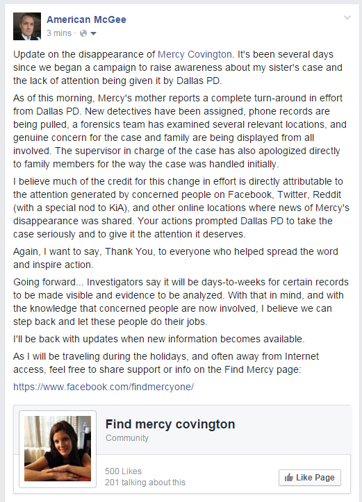americanmcgee's tweet photo. Latest update on #FindMercy - @DallasPD are taking the case seriously!
https://t.co/nUwBVqGby4 https://t.co/5Sr9iozEwN
