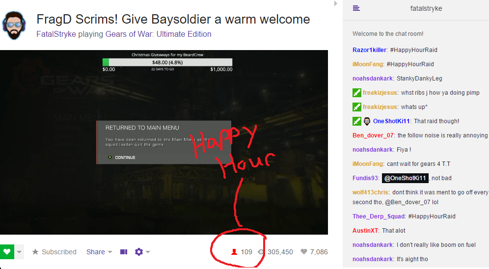 OneShotKi11's tweet photo. What a #HappyHourRaid can do, with the massive follow train! @FatalStryke is an awesome streamer, follow him! https://t.co/MuNHMze6W2