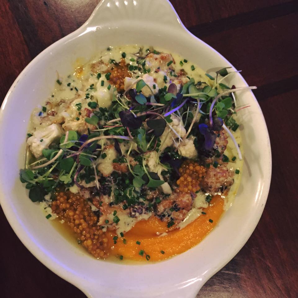 tbgnola's tweet photo. Cauliflower three ways: fondue, charred, and pickled with a smoked carrot purée and mustard seeds #yummy #food #NOLA https://t.co/tILxRXjoLM