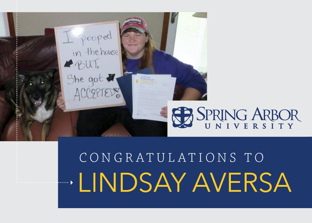 springarboru's tweet photo. Congrats @LindsayAversa! You're getting the $1,000 #springarborpicme scholarship! Tell your dog Texas we said "hi." https://t.co/dQtTMOrzFD