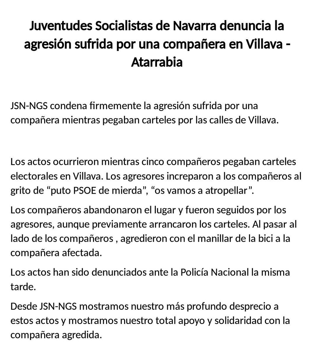 JSN_NGS's tweet photo. Denunciamos AGRESIÓN sufrida en Villava esta tarde a una compañera de @JSN_NGS cuando estaba pegando carteles @PSOE https://t.co/EIH7VLQ6jP