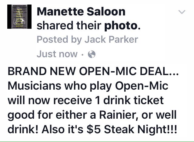 manettesaloon's tweet image. You play, your first drink is ON US. #openmic