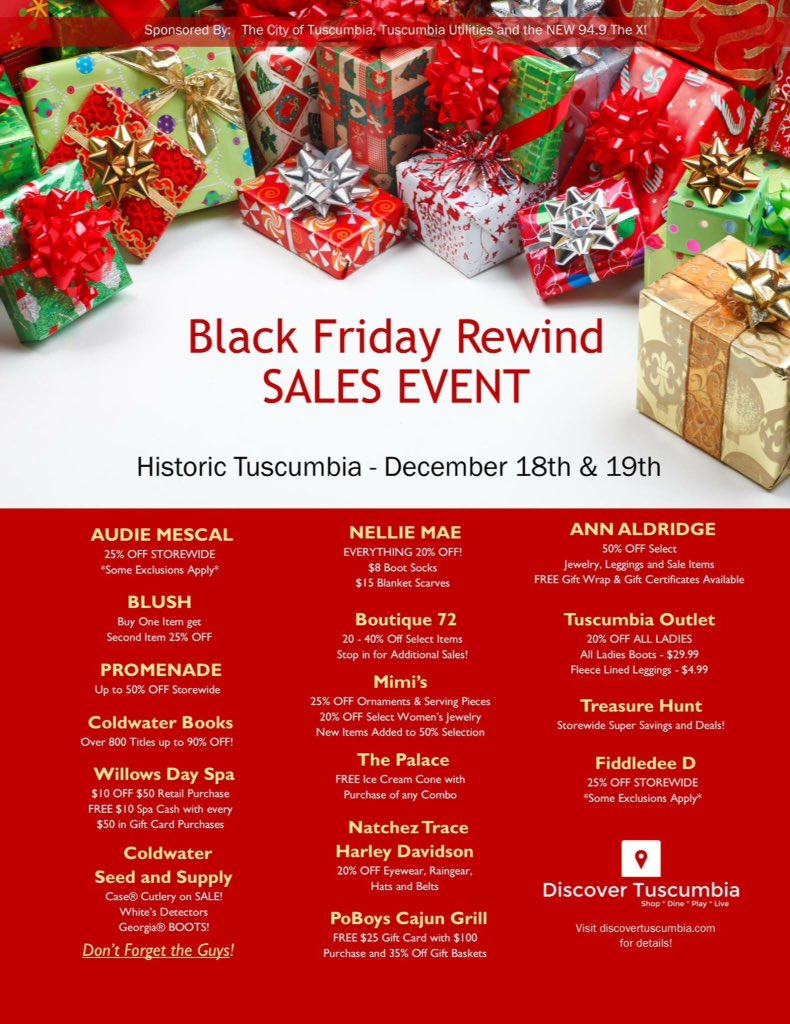 ShopTuscumbia's tweet photo. Tuscumbia Black Friday Rewind! December 18th &amp; 19th. #blackfriday #tuscumbia #discovertuscumbia #shoptuscumbia https://t.co/B9NNPk21pp