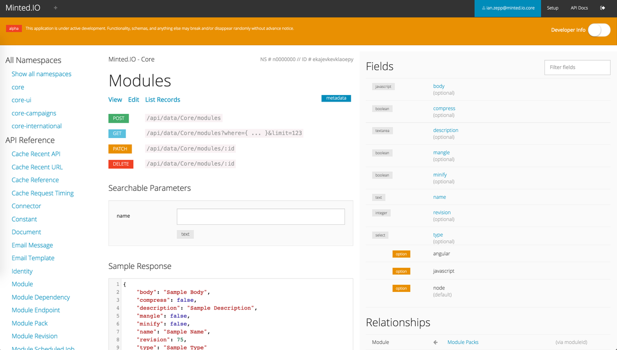 MintedIO's tweet photo. Self-doc'd metadata is a wonderful thing. API docs are done. #crm #paas #startups Now to think about #vc funding! https://t.co/g2xQnPVGhv