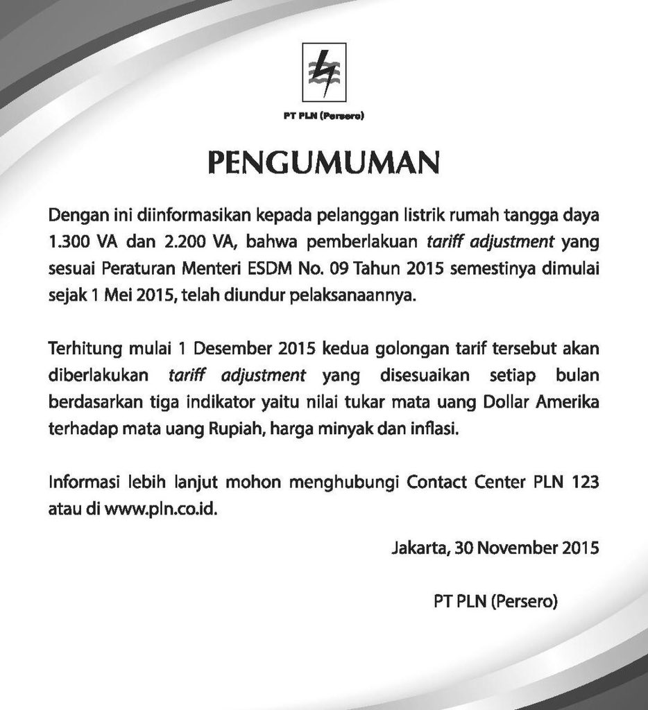PLN_Grogot's tweet photo. #infoPLN | 1300 dan 2200 VA per 1 Desember 2015 kini mengikuti Tarif Adjusment @Seputar_Paser https://t.co/9uUi08uGk4