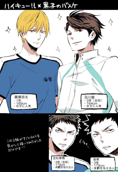 oikawa_elegance's tweet photo. 【ハイキュー!!×黒子のバスケ】

黄笠と及岩、この2組ってなんだか似てますよねっ https://t.co/XYRJnzbvkO