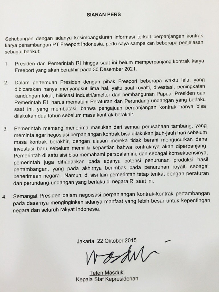 gm_gm's tweet photo. Kontrak dgn Freeport diperpanjang? Nanti dulu. Baca surat Kepala Staf Kepresidenan, Teten Masduki. https://t.co/aZEBvGgEEX