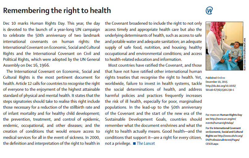 TheLancet's tweet photo. Editorial: Remembering the right to health
https://t.co/OSHapZ47q9
#HumanRightsDay #IHRD2015 https://t.co/zRDwRc2Bj5