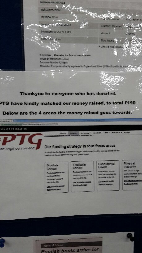 PTGPrecision's tweet image. PTG have matched money raised by staff to total £190. @MovemberUK Thankyou to all staff who donated #Movember