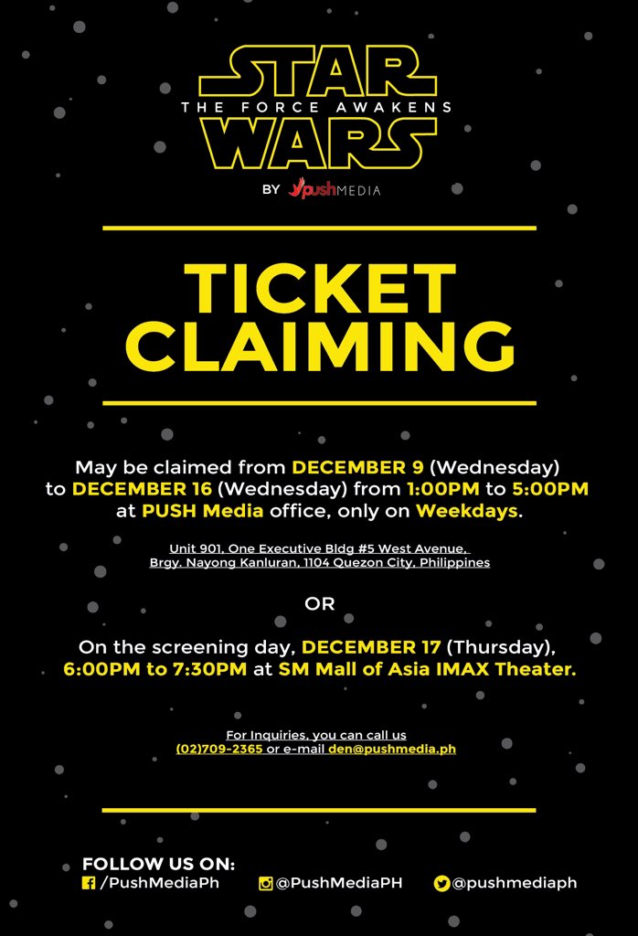 PushMediaPH's tweet photo. Here are the details regarding the ticket claiming for our Star Wars VII: The Force Awakens screening! https://t.co/T1kvenE5Dh