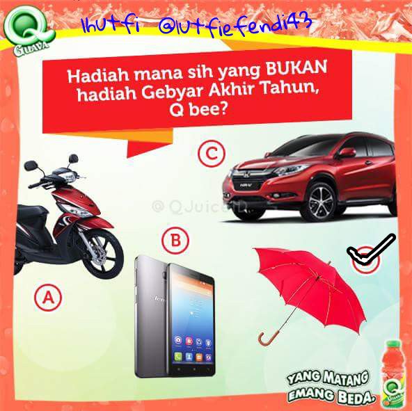 lutfiefendi43's tweet photo. @QJuiceID Jawabanya yang D. Payung #KuisQJuice
@Goupellova  @KisssSun @Laela_lelaa https://t.co/qNSV3qXiyW