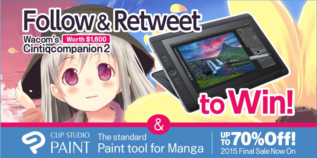 One person will win an LCD tablet valued at $1,800! 
And up to 70% Off Sale now on!
Details→clipstudio.net/en